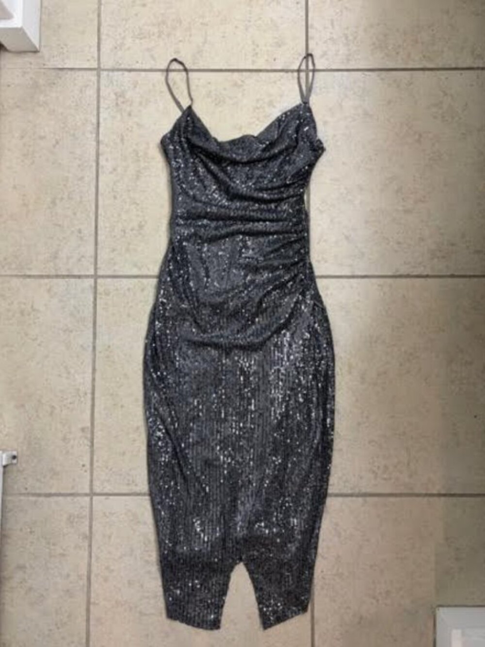 Laundry by Shelli Segal Sequin Cowl Neck Midi Dress XS S 0 Gunmetal Silver NWOT
